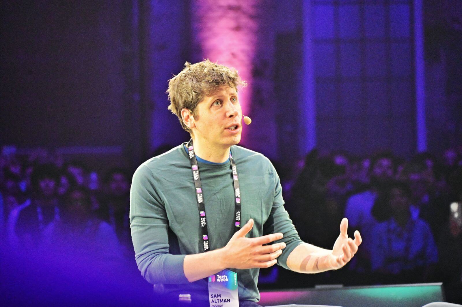 Sam Altman OpenAI CEO during a speech with John Elkann Exor company CEO at technology fair seminary Italian Tech Week by Antonello Marangi